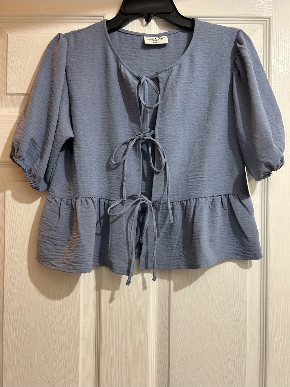 Tie-Front Peplum Top in Soft Blue - Jenna & Joy